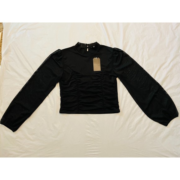 Stella Luce Black Netted Long Sleeve Gatherd Top ST8129R, NWT, Size L - Picture 1 of 6